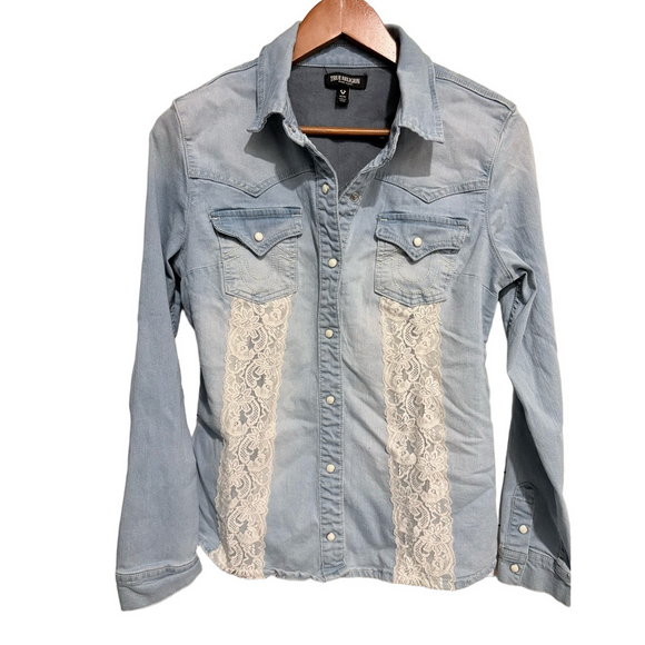 True Religion Tops - True Religion Light Blue Denim Western Shirt with Lace Accents M